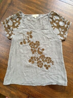 Anthro Moulinette Soeurs Dogwood Gray Floral Embroidered Sheer Top Tee Blouse 6*
